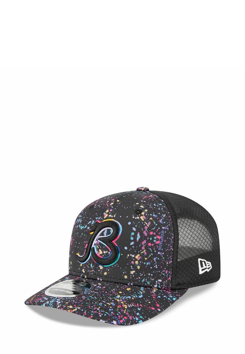 Black cap with vibrant splatter pattern in pink, blue, and yellow. Features a rounded brim and mesh back. Embroidered logo on front.
