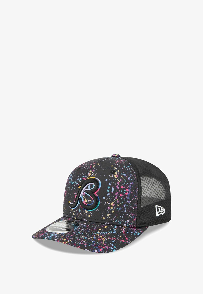 Black cap with vibrant splatter pattern in pink, blue, and yellow. Features a rounded brim and mesh back. Embroidered logo on front.