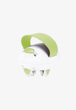 Masajeador eléctrico de mano con mango verde, cuerpo blanco, dial de control y rodillos de masaje giratorios en la parte inferior.