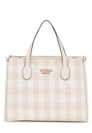 Sac à main à carreaux beige et blanc en matériaux texturés, doté de deux poignées supérieure et d'un accent logo brillant sur le devant.