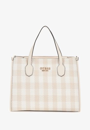 Sac à main à carreaux beige et blanc en matériaux texturés, doté de deux poignées supérieure et d'un accent logo brillant sur le devant.