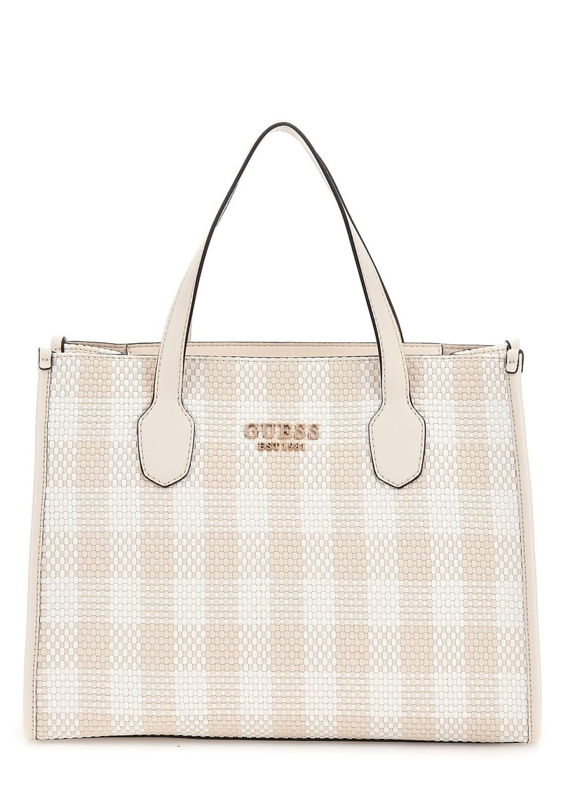Beige-weiße karierten Handtasche aus strukturierten Materialien, mit doppelten Obergriffen und einem glänzenden Logo-Akzent auf der Vorderseite.