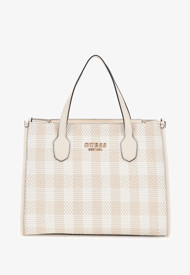 Sac à main à carreaux beige et blanc en matériaux texturés, doté de deux poignées supérieure et d'un accent logo brillant sur le devant.