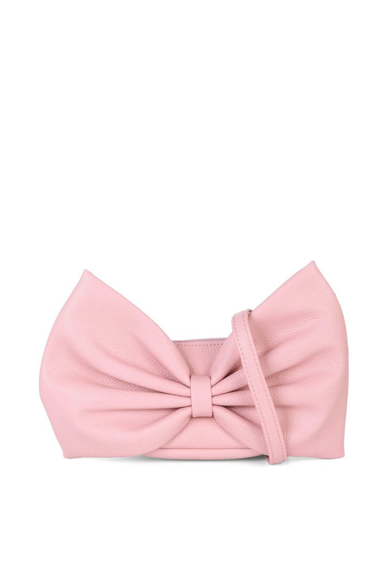 Borsa a pochetto in pelle rosa con un grande fiocco sul davanti, superficie testurizzata e chiusura con cerniera. Forma compatta e strutturata.