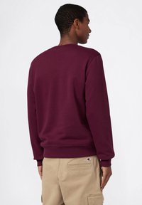 Felpa bordeaux con maniche lunghe e scollatura a girocollo, realizzata in tessuto morbido. Presenta polsini e orlo a costine, abbinata a pantaloni cargo beige.
