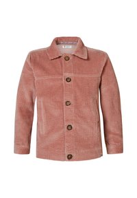Rosa Cordjacke mit Knopfverschluss, spitzem Kragen und gerippter Textur. Verfügt über braune Knöpfe und ein gerades Schnittdesign.