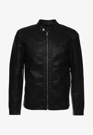 Black leather jacket with a high collar, front zipper, and stitch detailing on shoulders. Features slim fit and long sleeves.