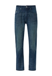 Dark blue denim jeans with a straight leg design, featuring a classic button and zipper fly, front pockets, and subtle fading details.