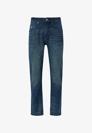 Tamno plave traperice s ravnim nogavicama, s klasičnim dugmetom i patentnim zatvaračem, prednjim džepovima i suptilnim detaljima izbljeđenja.