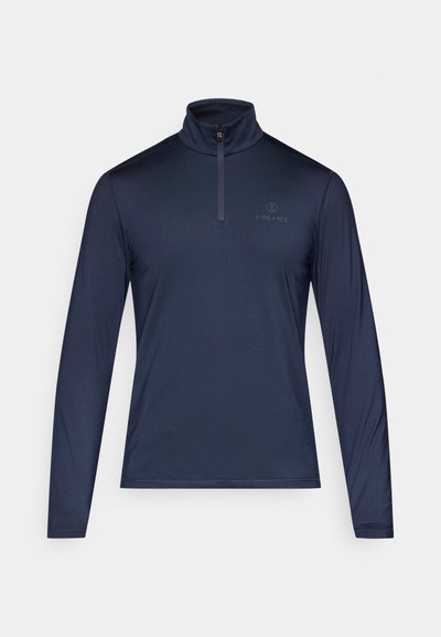 Pullover de manga longa azul marinho com fecho de zip, apresentado num tecido leve e liso, com um pequeno logo no peito. Corte clássico.