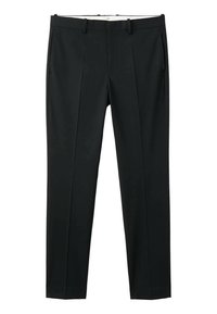 Czarne, dopasowane wąskie spodnie na miarę z szlufkami na pasek, przednią plisą i bocznymi kieszeniami, zaprojektowane do użytku formalnego lub biurowego.