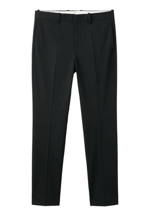 Czarne, dopasowane wąskie spodnie na miarę z szlufkami na pasek, przednią plisą i bocznymi kieszeniami, zaprojektowane do użytku formalnego lub biurowego.
