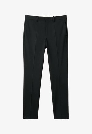 Czarne, dopasowane wąskie spodnie na miarę z szlufkami na pasek, przednią plisą i bocznymi kieszeniami, zaprojektowane do użytku formalnego lub biurowego.