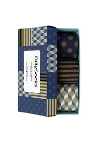Schachtel mit drei gemusterten Socken in Marineblau, Grün und Beige mit geometrischen Designs und Punkten. Pappverpackung mit hellen Akzenten.