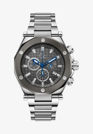 Zegarek ze stali nierdzewnej z ośmiokątną kopertą, szarym teksturowanym cyferblatem, niebieskimi akcentami, subdials chronografu oraz wyświetlaczem daty o godzinie 4.
