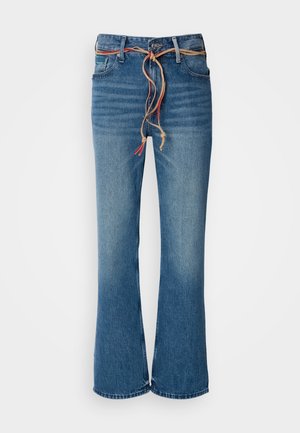 Blue denim flared jeans with a high waist, featuring a removable beige drawstring and subtle fading on the thighs. Clean hem finish.