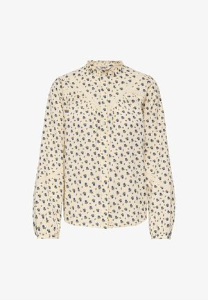 Kreemjas pikkade varrukatega pluus väikese sinise lillemustriga, pitsist ääristega, eest nööbitav ning õrnalt kogutud õlapaneeliga.