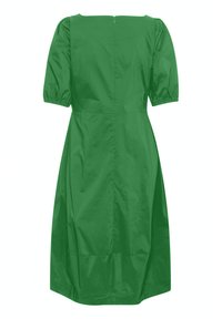 Rochie verde cu mâneci scurte bufante, decolteu rotund și închidere cu fermoar la spate. Fabricată dintr-un material neted și lucios, cu o siluetă ajustată.