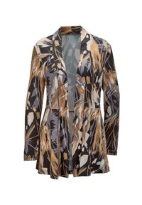 Lichtgewicht kimono in een multicolor bloemenprint met tinten bruin, zwart en grijs. Open voorkant, lange mouwen, uitlopende pasvorm.