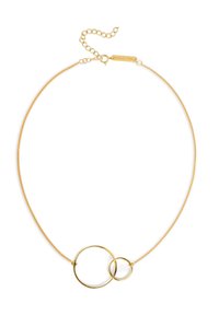 Collar en tono dorado con una cadena delgada y dos colgantes circulares entrelazados, uno más grande y otro más pequeño, con acabado pulido y cierre ajustable.