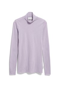 Lange mouw turtleneck shirt in licht lavendel, zachte textuur, gemaakt van lichtgewicht stof, met een ontspannen hals en zijknopen.