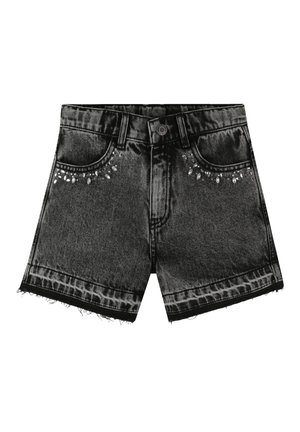 Shorts en denim noir avec un ourlet effiloché, ornés de strass sur les poches avant et d'un design classique à cinq poches.