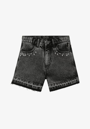 Zwarte denimshorts met rafelige zoom, voorzien van strasstenen versieringen op de voorzakken en een klassieke vijfzakkenontwerp.