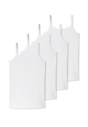 Quattro identiche camicie in cotone bianco con spalline sottili e un design semplice e dritto. Tessuto liscio, senza motivi.