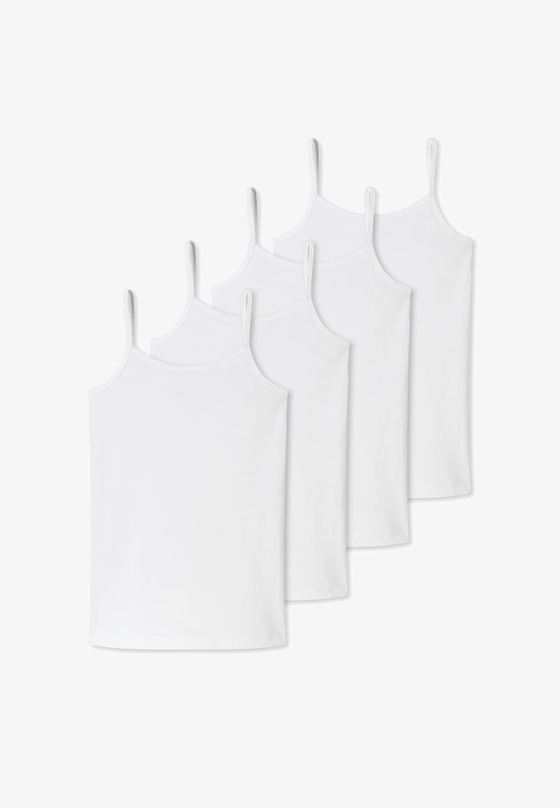 Cztery identyczne białe bawełniane koszulki na ramiączkach z cienkimi szelkami i prostym, prostym krojem. Gładka tekstura, bez wzorów.