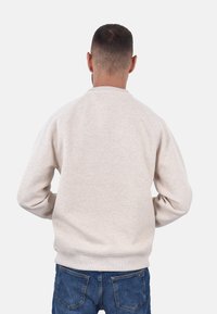 Felpa grigia chiara con scollo a giro e polsini a costine, abbinata a jeans blu. Presenta un design semplice e minimalista.