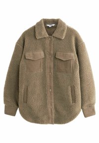 Fleece jack in khaki met een gestructureerde buitenkant, corduroy accenten, twee knoopborstzakken en geribbelde manchetten. Rond afgewerkte onderkant.