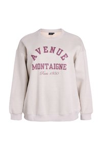 Svetlo šedý mikina s oválnym výstrihom, na prednej strane s potlačou "AVENUE MONTAIGNE Paris 1850" v burgundskej farbe. Mäkká textúra a voľný strih.