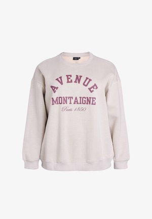 Sweatshirt gris clair avec un col rond, arborant l'inscription "AVENUE MONTAIGNE Paris 1850" en bordeaux. Texture douce et coupe décontractée.