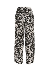 Pantaloni lejera, cu pantaloni cu picioare largi dintr-un material crem, având un imprimeu abstract negru. Talie elastică cu două buzunare la spate. Textură moale, design casual.
