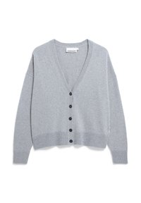 Grauer Cardigan aus weichem Strickstoff mit V-Ausschnitt, langen Ärmeln und schwarzen Knöpfen auf der Vorderseite, mit gerippten Bündchen und Saum.