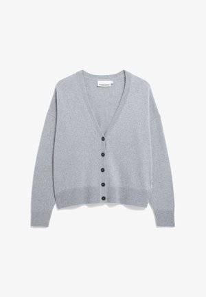 Grauer Cardigan aus weichem Strickstoff mit V-Ausschnitt, langen Ärmeln und schwarzen Knöpfen auf der Vorderseite, mit gerippten Bündchen und Saum.