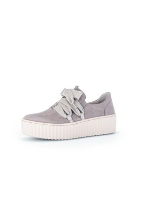 Light gray suede sneaker with wide fabric laces, chunky white platform sole, and rounded toe. Features stitched detailing and minimalistic design.
