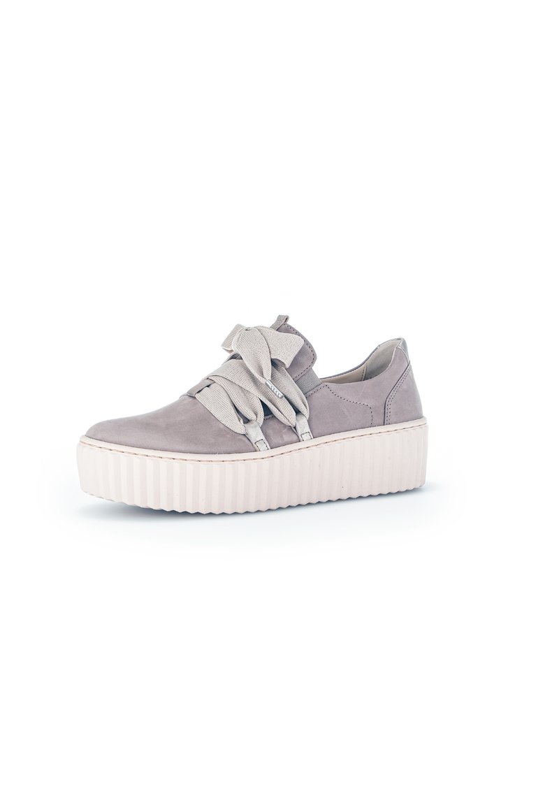 Light gray suede sneaker with wide fabric laces, chunky white platform sole, and rounded toe. Features stitched detailing and minimalistic design.