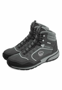 Grau Wanderschuhe mit gepolstertem Schaftrand, wasserdichtem Material, Gummisohle und Schnürsenkeln mit metallischen Ösen. Logo-Detail an der Seite.