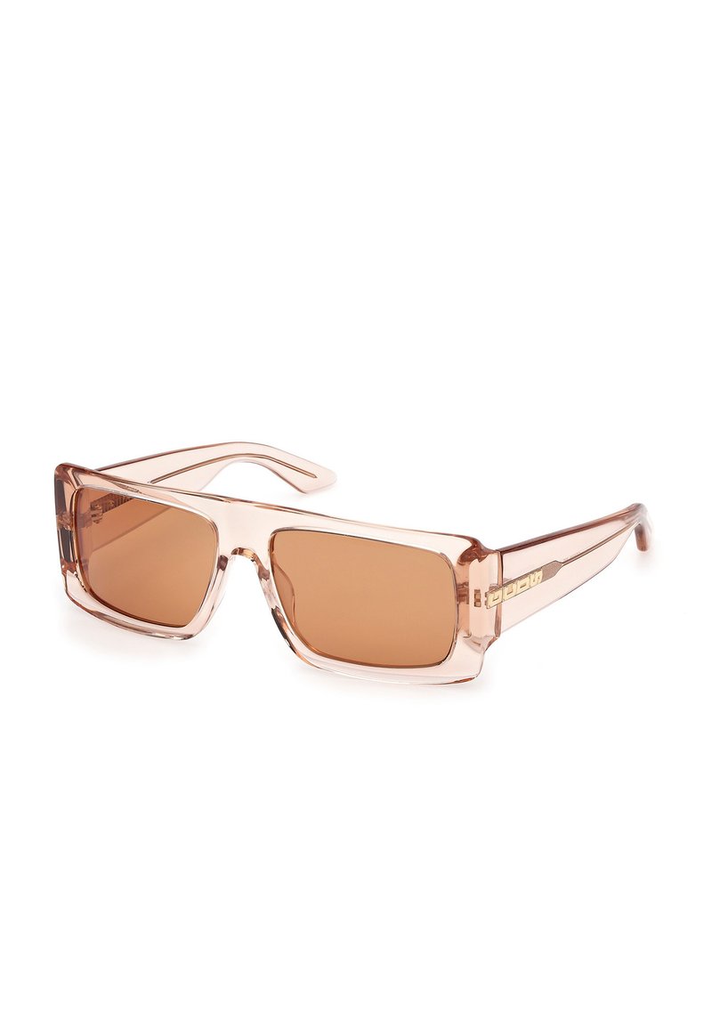 Square-frame sunglasses made of transparent light pink plastic, featuring brown tinted lenses and gold accents on the temples.