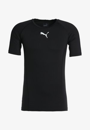 Maglietta sportiva nera a maniche corte realizzata in materiale elastico, con il logo Puma bianco sul petto e design a girocollo.