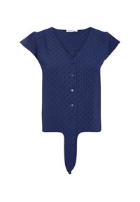 Marineblaue kurzärmlige Bluse mit V-Ausschnitt, Knopfverschluss und geradem Saum. Hergestellt aus strukturiertem Stoff mit einem dezenten Muster.