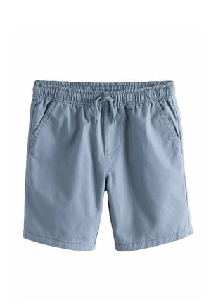 Light blue shorts with an elastic waistband and drawstring, featuring side pockets and a smooth, lightweight cotton blend fabric.