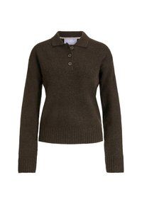 Pull en maille marron foncé avec un col, trois boutons et des poignets côtelés. Texture douce et design ajusté.