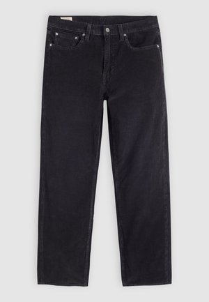 Black denim jeans with a straight leg design, featuring a five-pocket style, metal button accents, and a subtle texture.