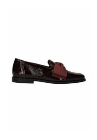 Glossy dark burgundy women's loafer with a flat black sole and a large fabric bow on top.