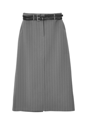 Gray pinstripe skirt featuring a straight cut, a front pleat, and a double black belt detail at the waist.