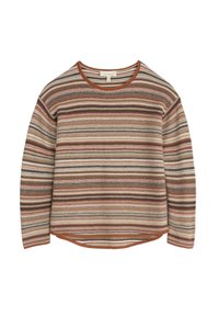 Pull rayé avec des tons rouille, crème et marron. Texture douce, col rond, manches longues et un ourlet légèrement arrondi.