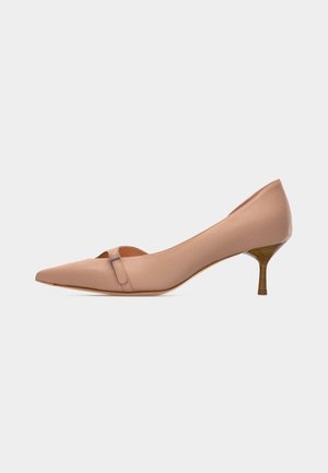 Beige pointed-toe pump with low stiletto heel and small strap detail on a plain white background.