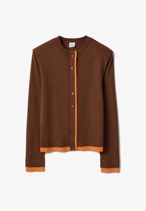 Brauner langärmeliger, geknöpfter Cardigan mit orangefarbenem Besatz entlang der Knopfleiste, Ärmelbündchen und Saum, aus Strickstoff gefertigt.